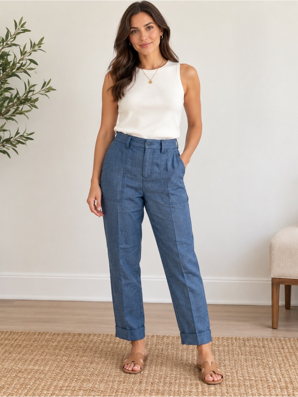 Lauren Ralph Lauren Blue 100% Linen Utility Pants Size 4 Cuffed
